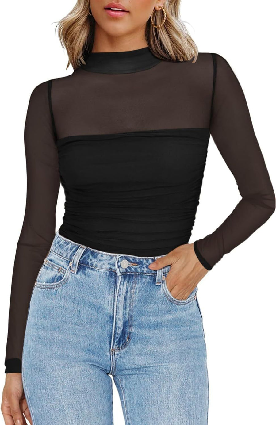 Round Neck Mesh Stitching Sheer Long Sleeve Top