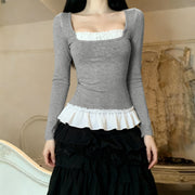 Casual Fake Two-Piece Lace Long Sleeve Top