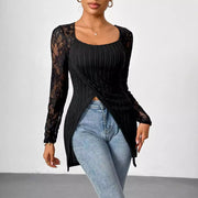 Lace Stitching Long Sleeve Irregular Top