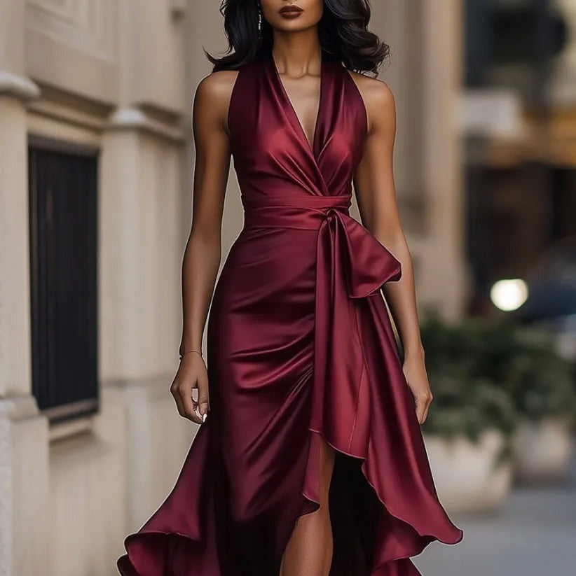 Elegant Deep V-neck Irregular Sexy Saten Dress