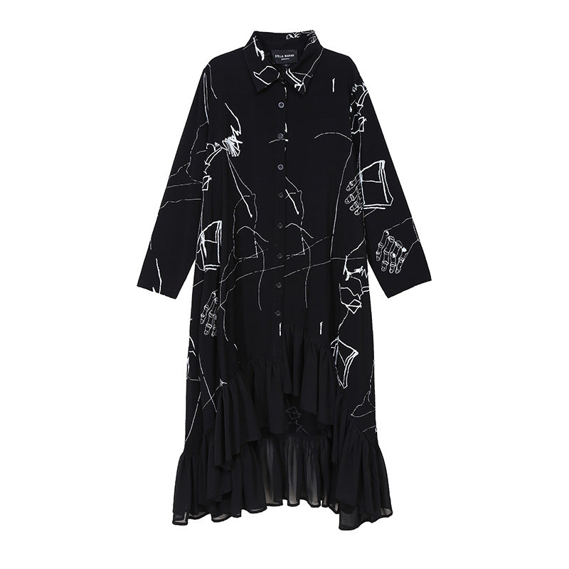 Black Loose Chiffon Ruffle Dress