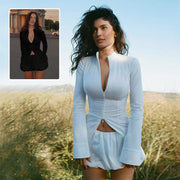 Slim V-neck Zipper Long-sleeved Top And Mini Skirt Set