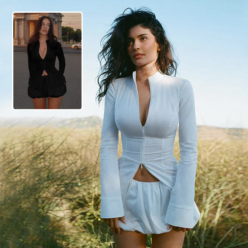 Slim V-neck Zipper Long-sleeved Top And Mini Skirt Set