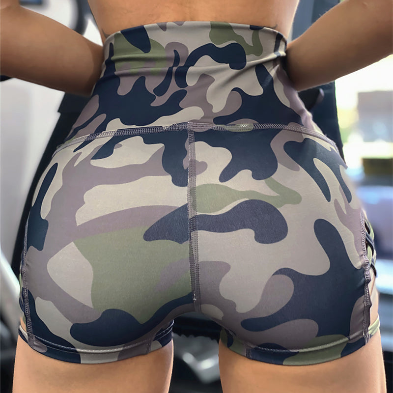 Printed Sexy Pants - High Waist Tight Shorts With Side Hollow Design