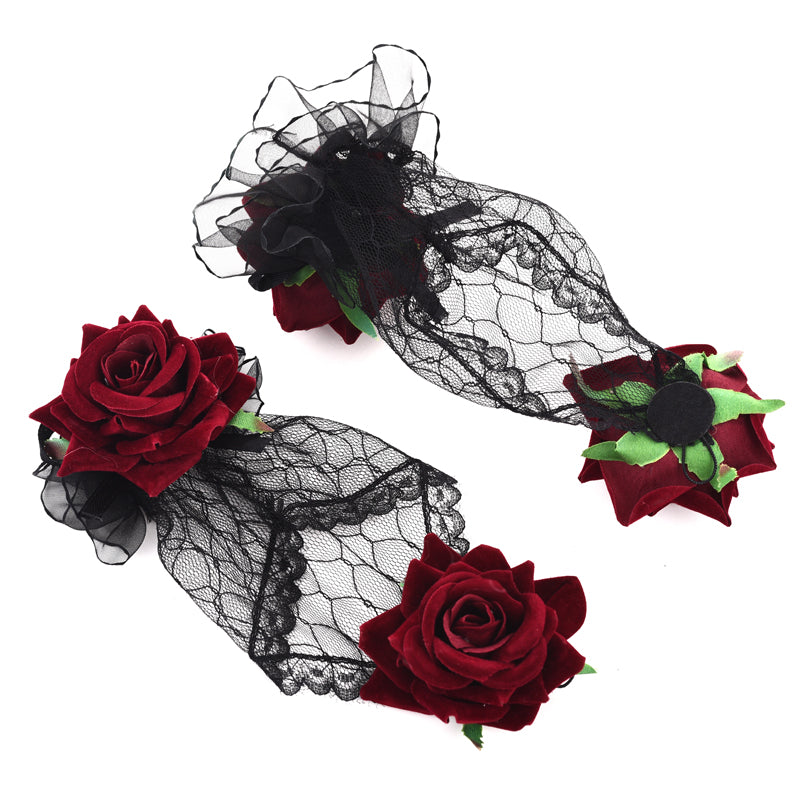 Vintage Lace Gloves with Burgundy Rose Bracelet