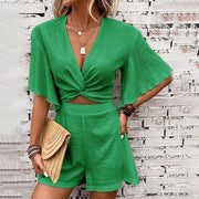 Sweet Summer V-neck Ruffle Sleeve Set - Top And Shorts