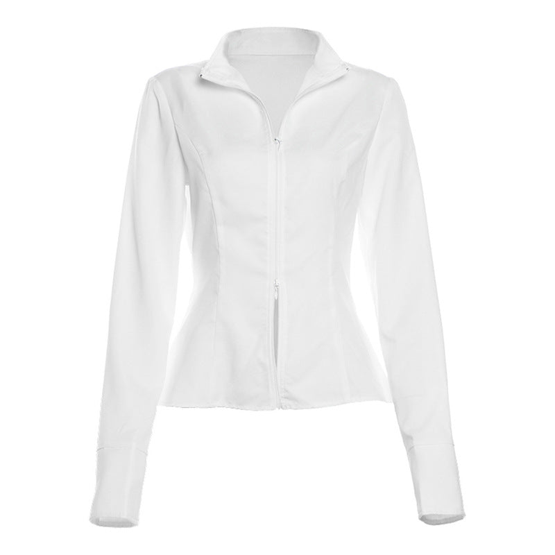Slim V-neck Zipper Long-sleeved Top And Mini Skirt Set