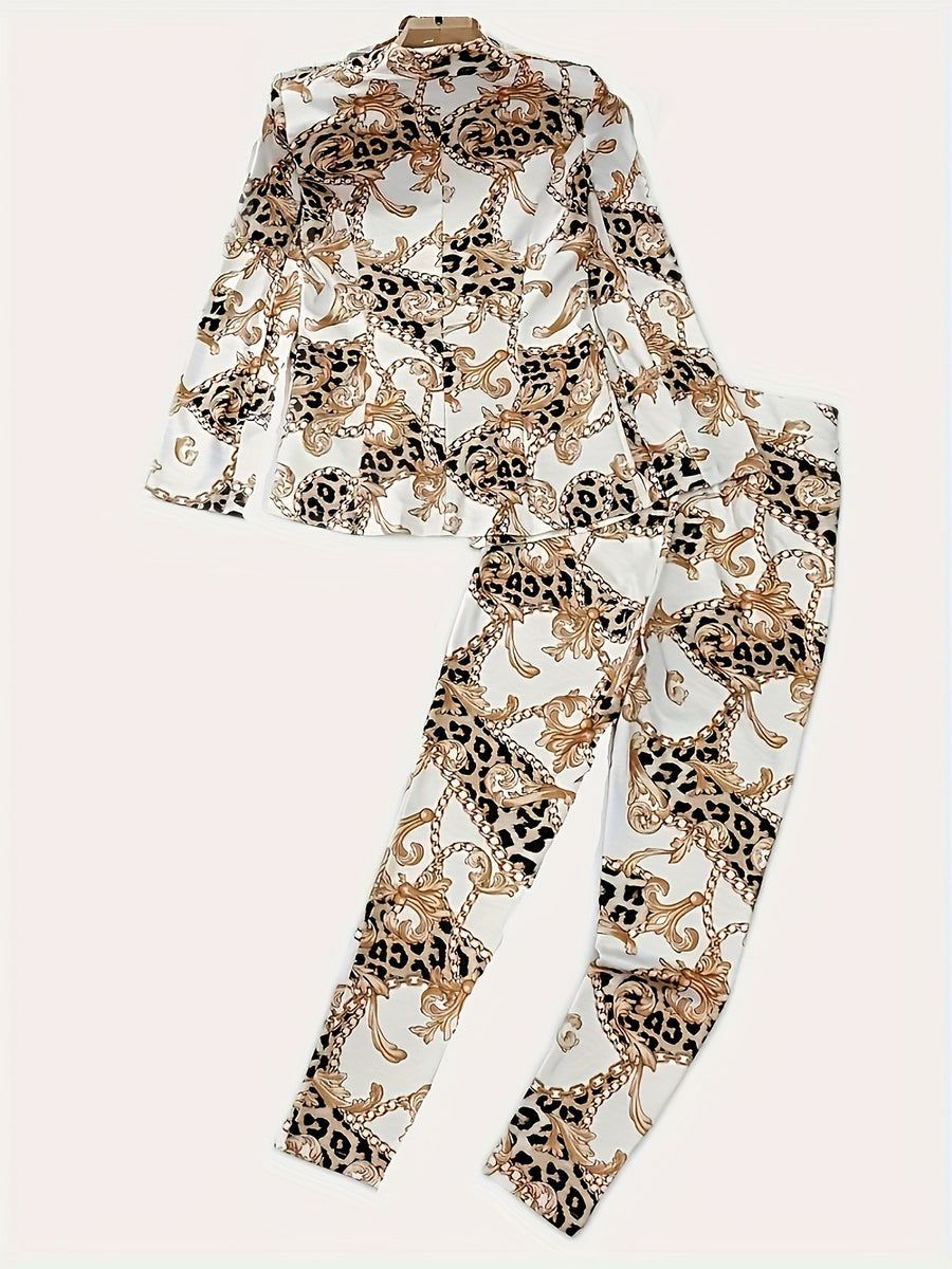Chic Geometric Print Blazer & Pants Set
