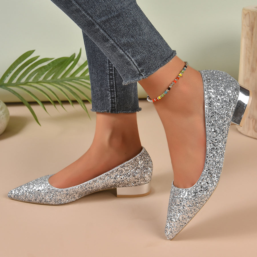 Elegant Crystal Sequin Low Heels