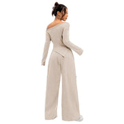 Solid-color Elegant Off-shoulder Sleeveless Shirt And Wide-leg Pants Set