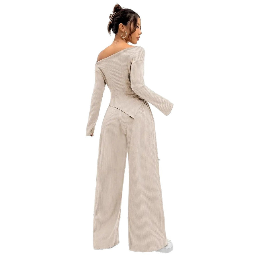 Solid-color Elegant Off-shoulder Sleeveless Shirt And Wide-leg Pants Set