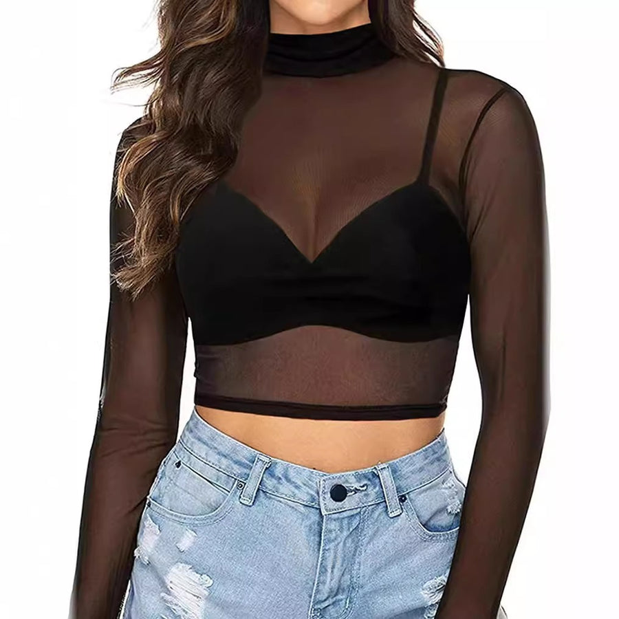Simple And Sexy Slim-fit See-through Tight Long Sleeve Mesh Top