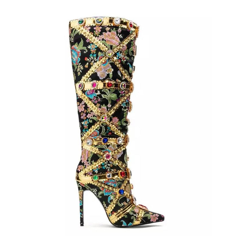 Luxe Jewel Embellished Embroidered Knee-High Boots