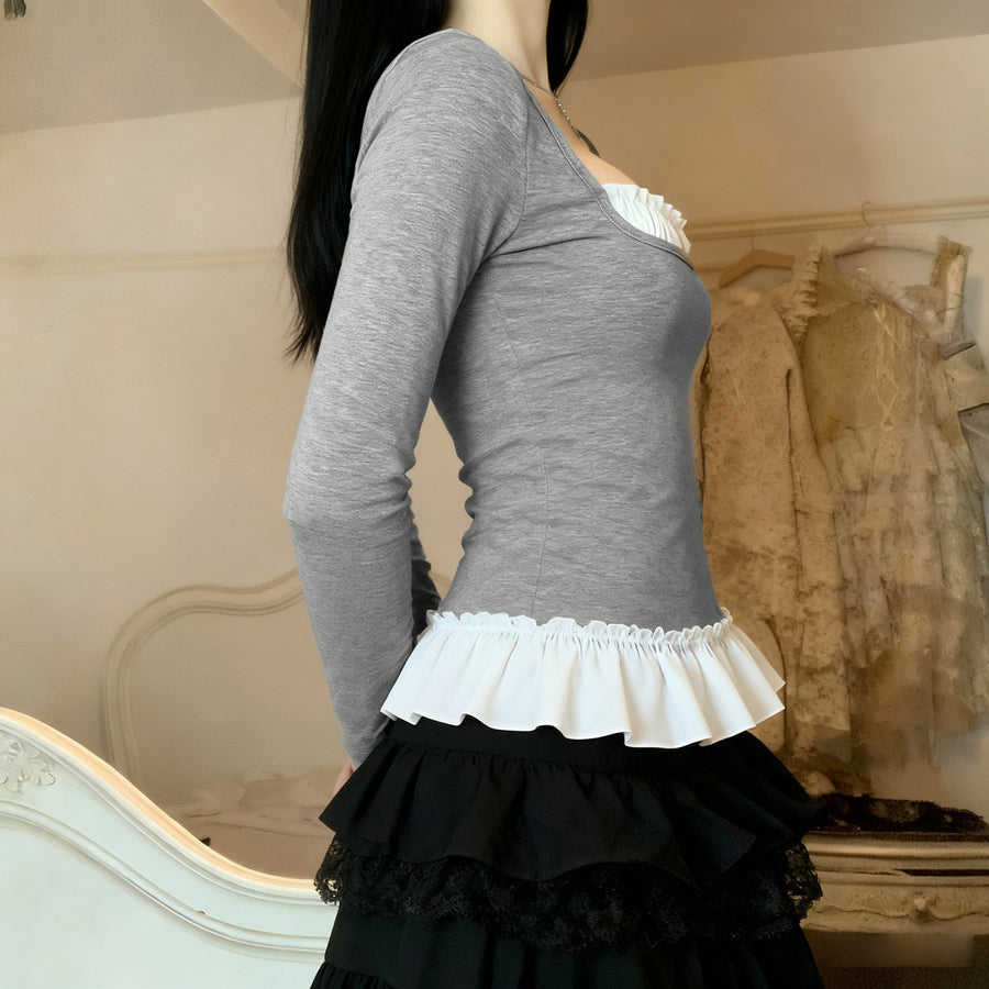 Casual Fake Two-Piece Lace Long Sleeve Top