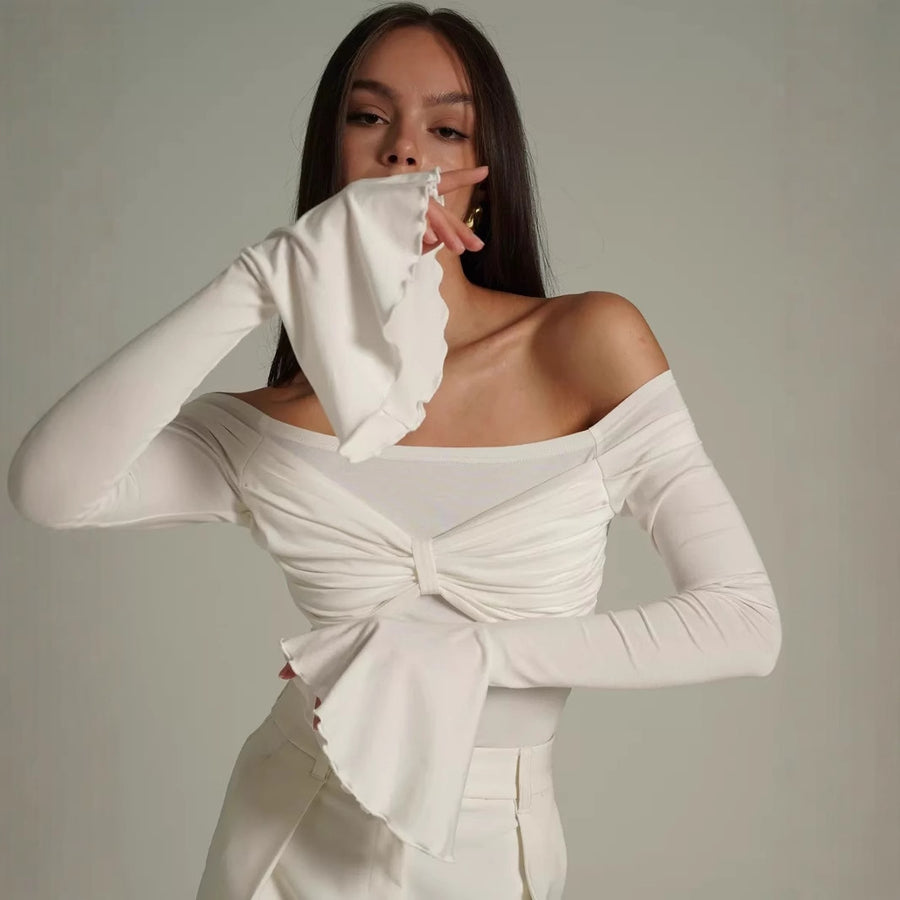 Sexy Off-shoulder Slim-fit Mesh Flared-sleeve Long Sleeve Top