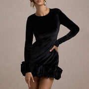 Round Neck Long Sleeve Velvet Three-dimensional Pleated Dress