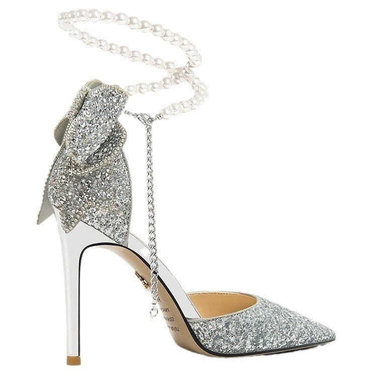 Glam Black Sequin Bow Pointed Toe Heels