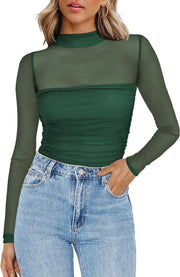 Round Neck Mesh Stitching Sheer Long Sleeve Top