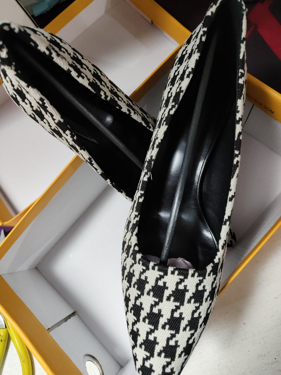 Houndstooth High Heels, Low-cut Chunky Shoes