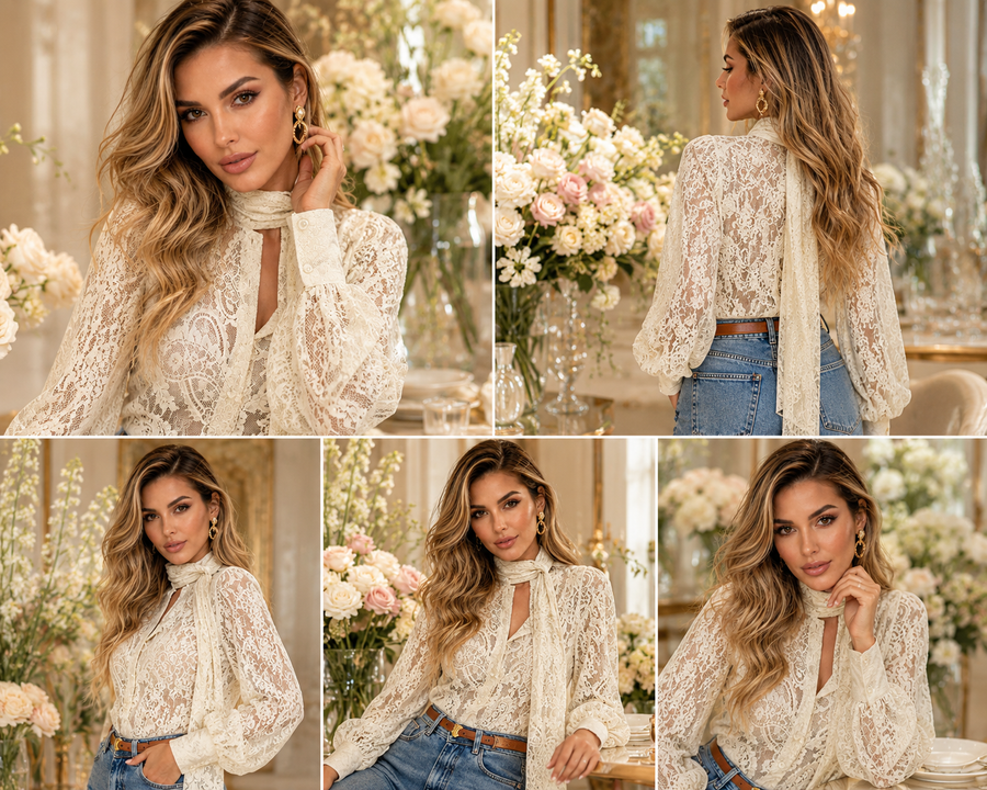 French Ribbon Sheer Lace Long-sleeve Blouse