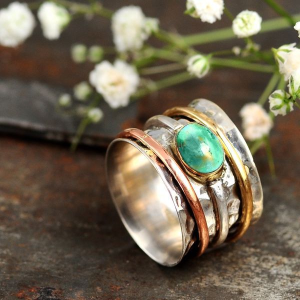 Vintage Turquoise Plated Tri-Color Beautiful Ring with Unique Design
