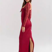 Wine Red Lace Stitching Tied Long Sleeves HOT Dress