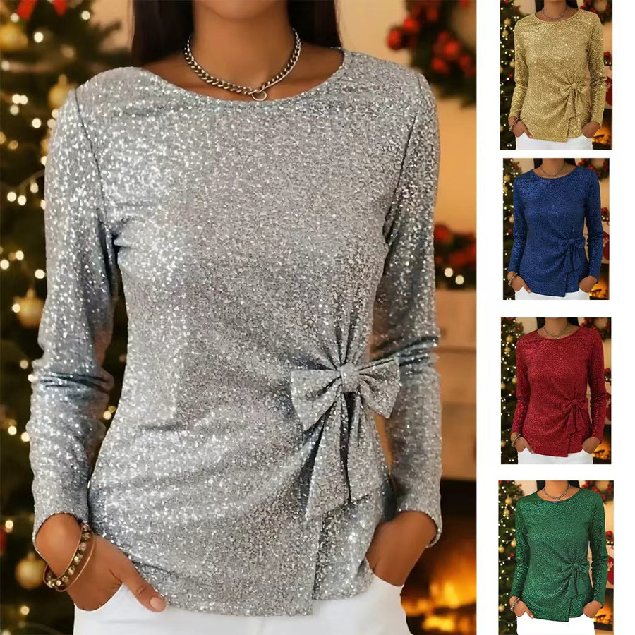 Holiday Style Shiny Lace-up Bow-knot Long-sleeve Top