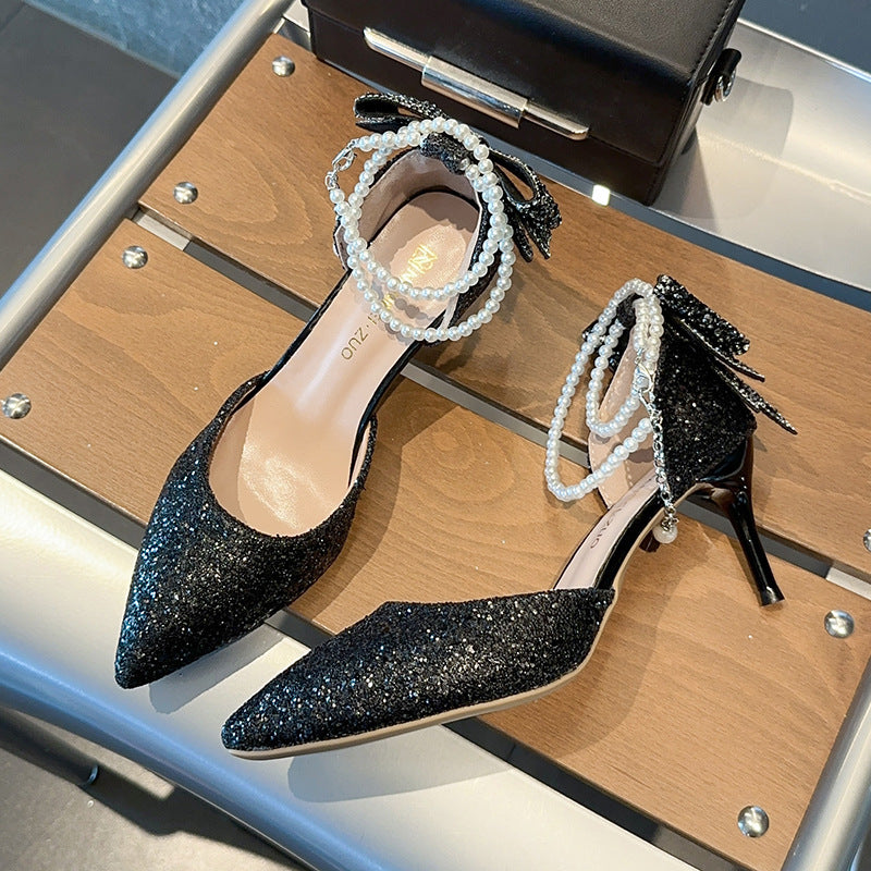 Glam Black Sequin Bow Pointed Toe Heels
