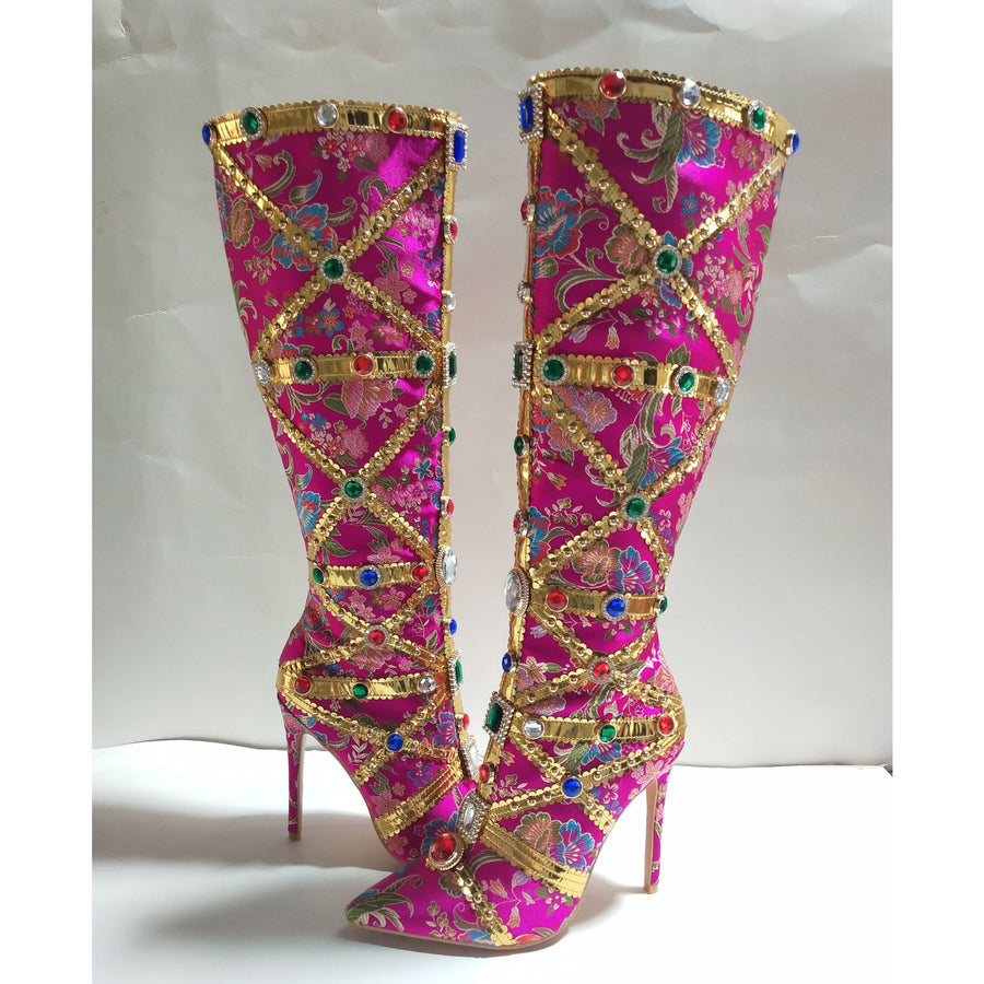 Luxe Jewel Embellished Embroidered Knee-High Boots