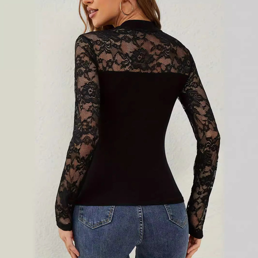 Lace Stitching Long-sleeved Stand Collar Pullover Base Top