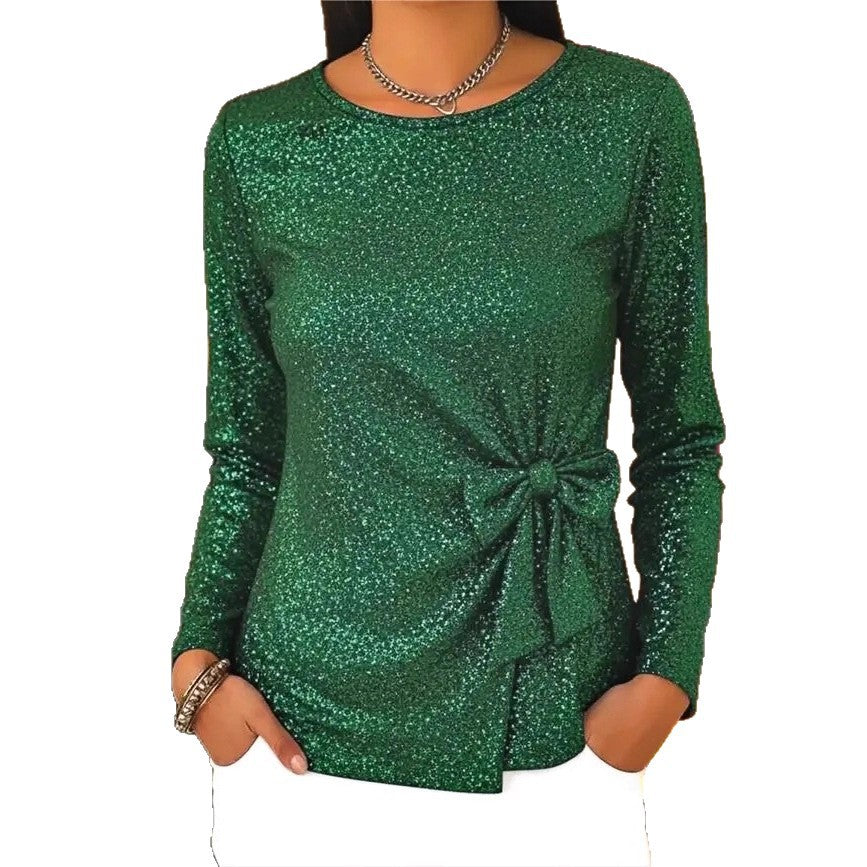 Holiday Style Shiny Lace-up Bow-knot Long-sleeve Top