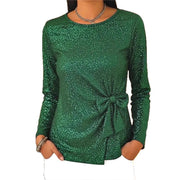 Holiday Style Shiny Lace-up Bow-knot Long-sleeve Top