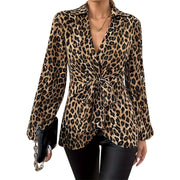 Tiger Printed Lace-up V-neck Elegant Long-sleeve Top