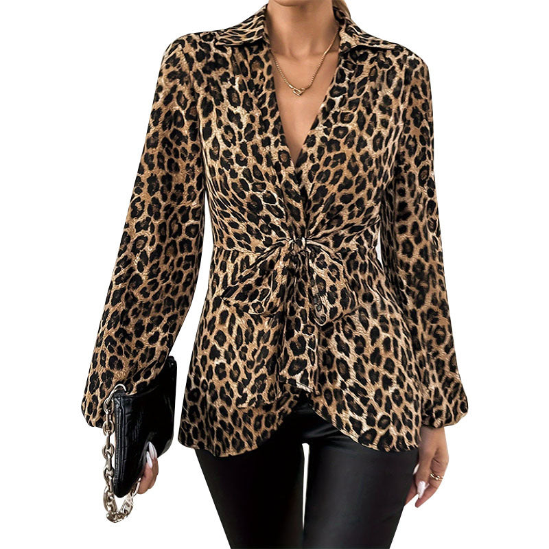 Tiger Printed Lace-up V-neck Elegant Long-sleeve Top