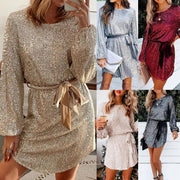Slim Fit Lantern Sleeve Round Neck Belt Sequined Dress