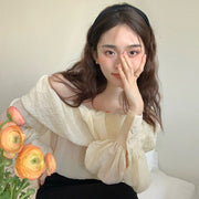 Elegant Boat-neck Off-the-shoulder Design Loose Puff Sleeves Chiffon Top