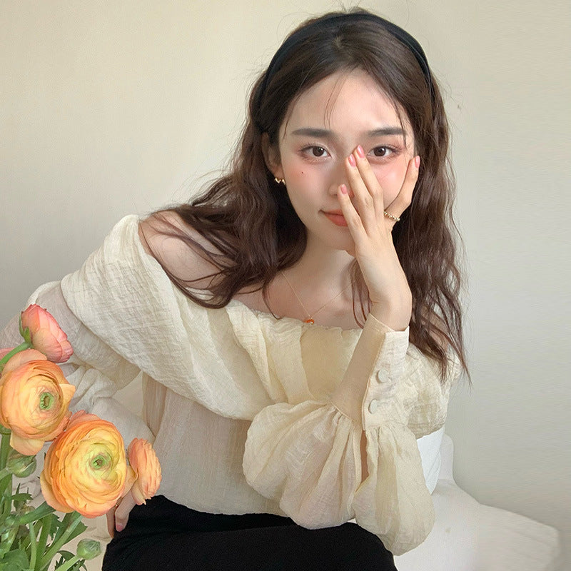Elegant Boat-neck Off-the-shoulder Design Loose Puff Sleeves Chiffon Top