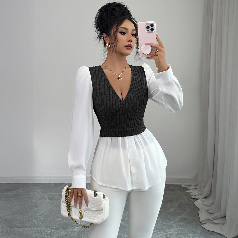 Elegant Stitching Long Sleeve Vest Top