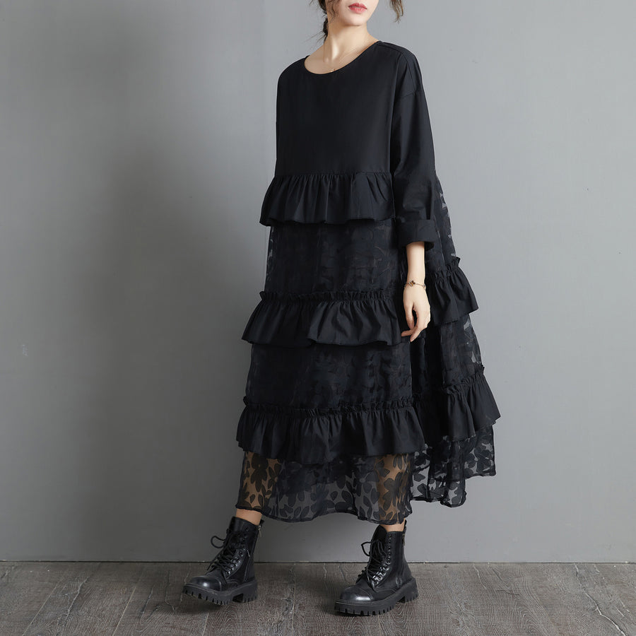 Black Lace Stitching Long Sleeve Loose Retro Dress