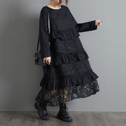 Black Lace Stitching Long Sleeve Loose Retro Dress