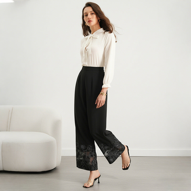 Sheer Lace-panel Straight-leg Classic Elegant Pants