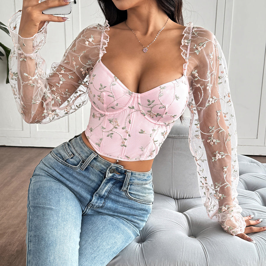 Embroidered Patchwork Sheer Mesh Long-Sleeve Top