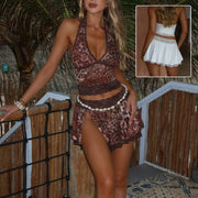 Leopard or White Lace Halter Deep V-neck Set