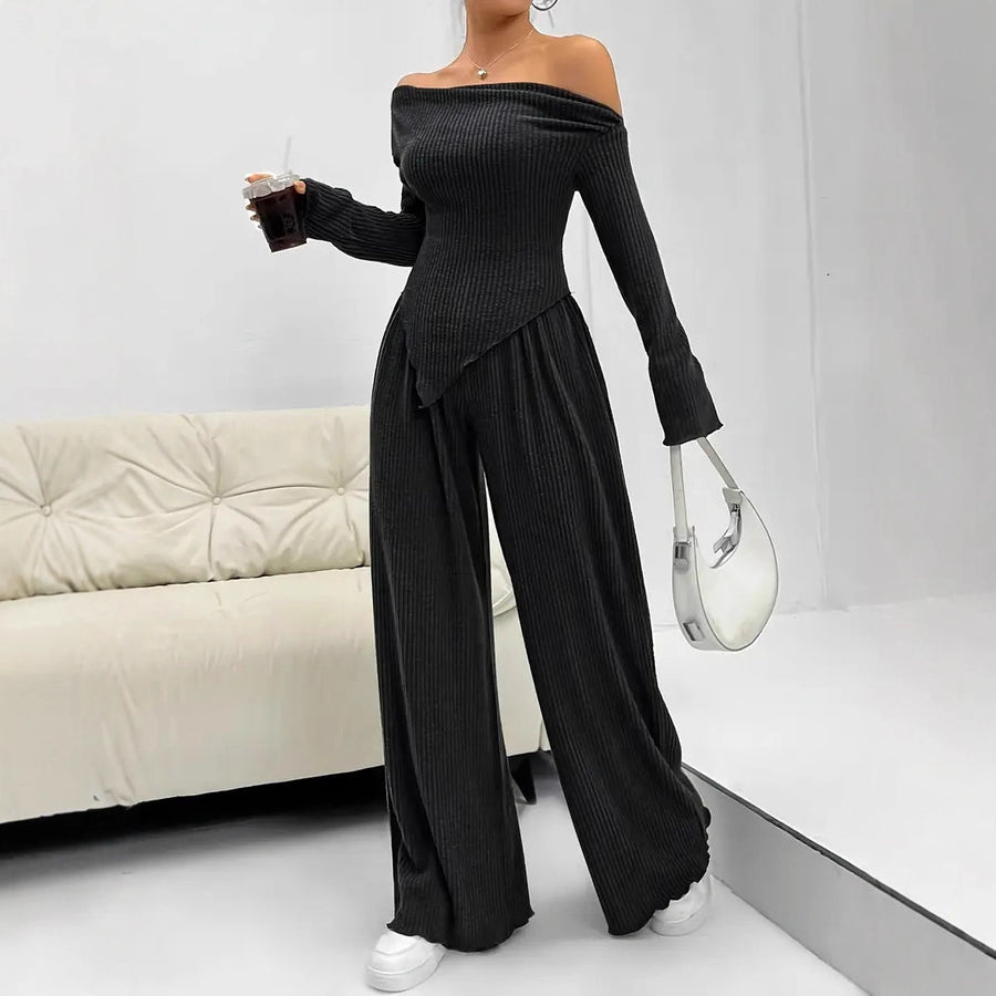 Solid-color Elegant Off-shoulder Sleeveless Shirt And Wide-leg Pants Set
