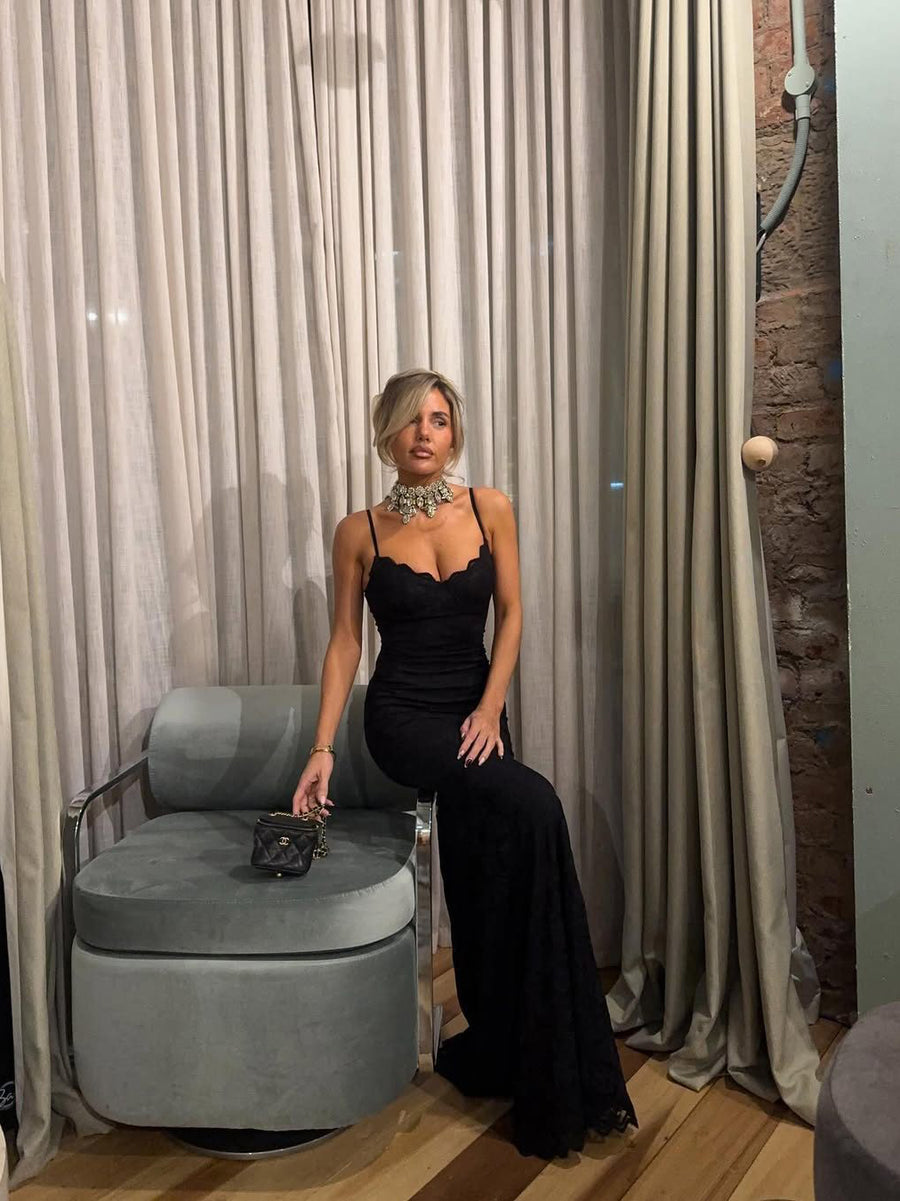 Black Lace Suspender Fishtail HOT Maxi Dress