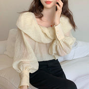 Elegant Boat-neck Off-the-shoulder Design Loose Puff Sleeves Chiffon Top
