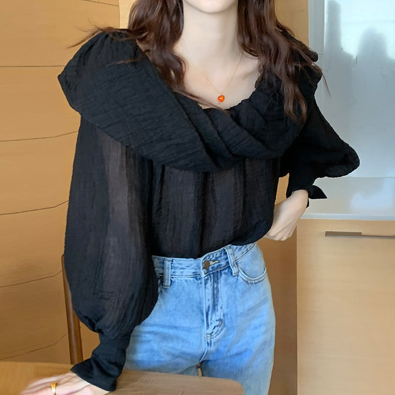 Elegant Boat-neck Off-the-shoulder Design Loose Puff Sleeves Chiffon Top