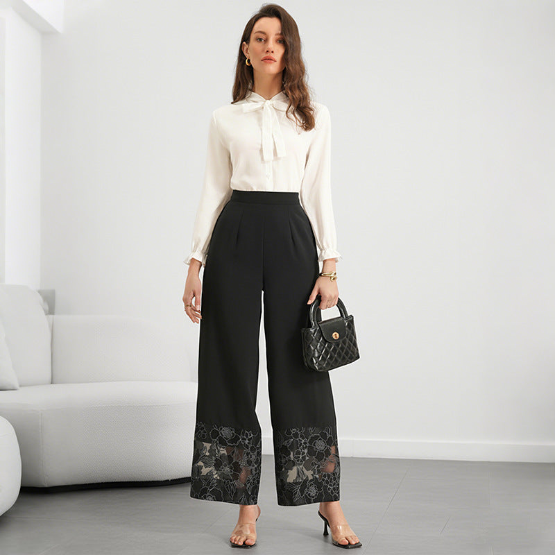 Sheer Lace-panel Straight-leg Classic Elegant Pants