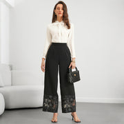 Sheer Lace-panel Straight-leg Classic Elegant Pants