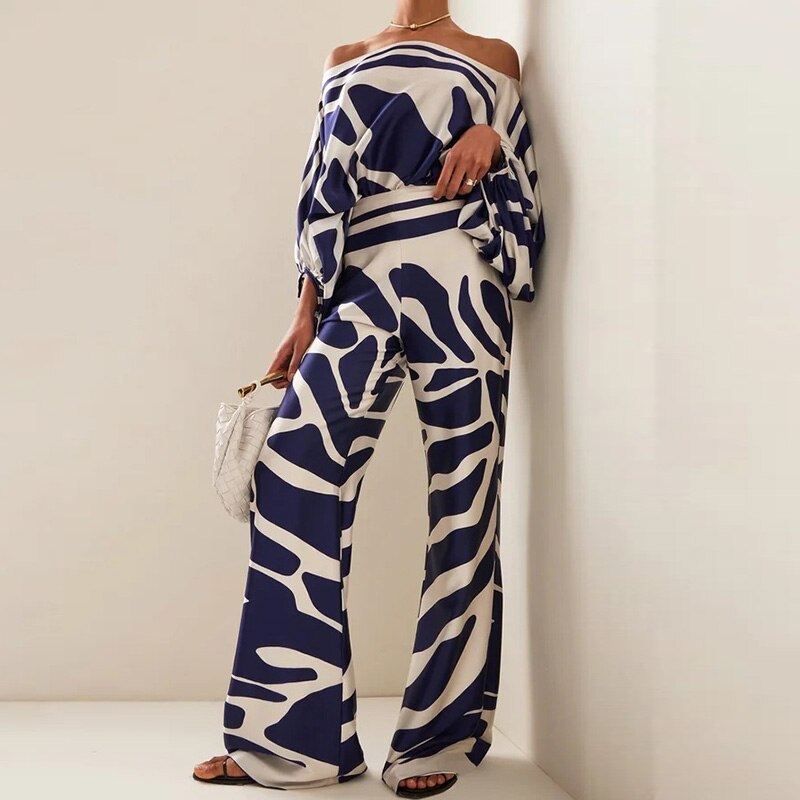 Chic Printed Batwing Sleeve Top & Wide-Leg Pants Set